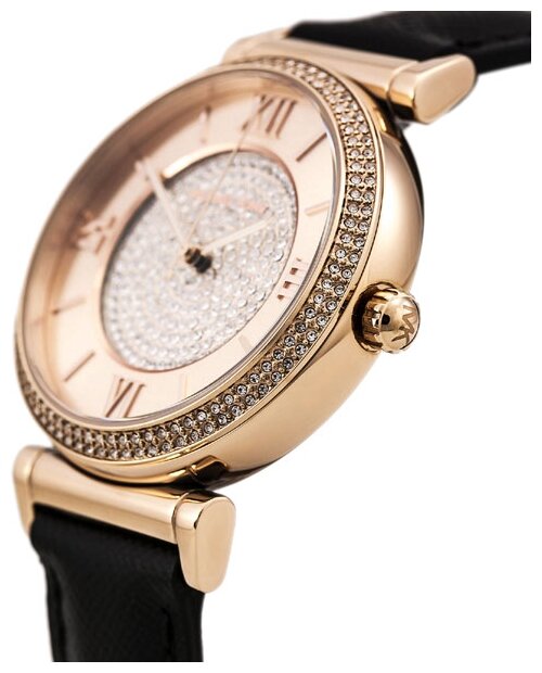 Michael Kors Catlin - Elegant Rose Gold Crystal Watch with Black Leather Strap