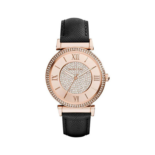 Michael Kors Catlin - Elegant Rose Gold Crystal Watch with Black Leather Strap