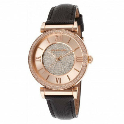 Michael Kors Catlin - Elegant Rose Gold Crystal Watch with Black Leather Strap